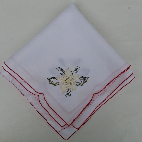 Embroidered Other - White and Red Holiday Napkins with Floral Design Set Of 4